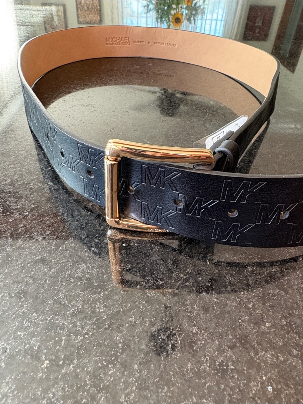 Michael Kors Men’s Black Embossed MK Leather Belt with Gold Buckle